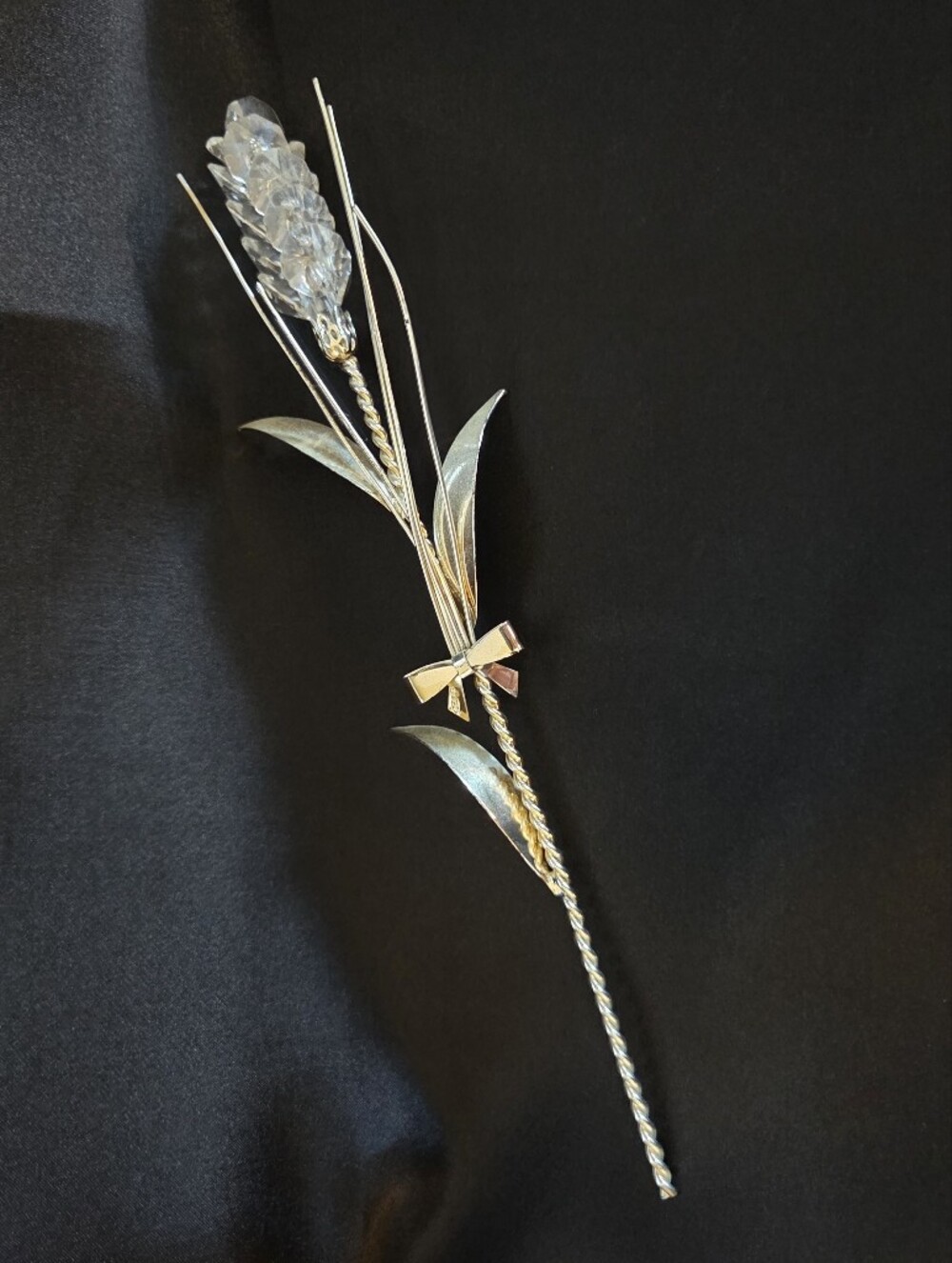 Silver-Tone Floral Stem - Elegant Leaf & Bow Accent With Swarovski Crystals